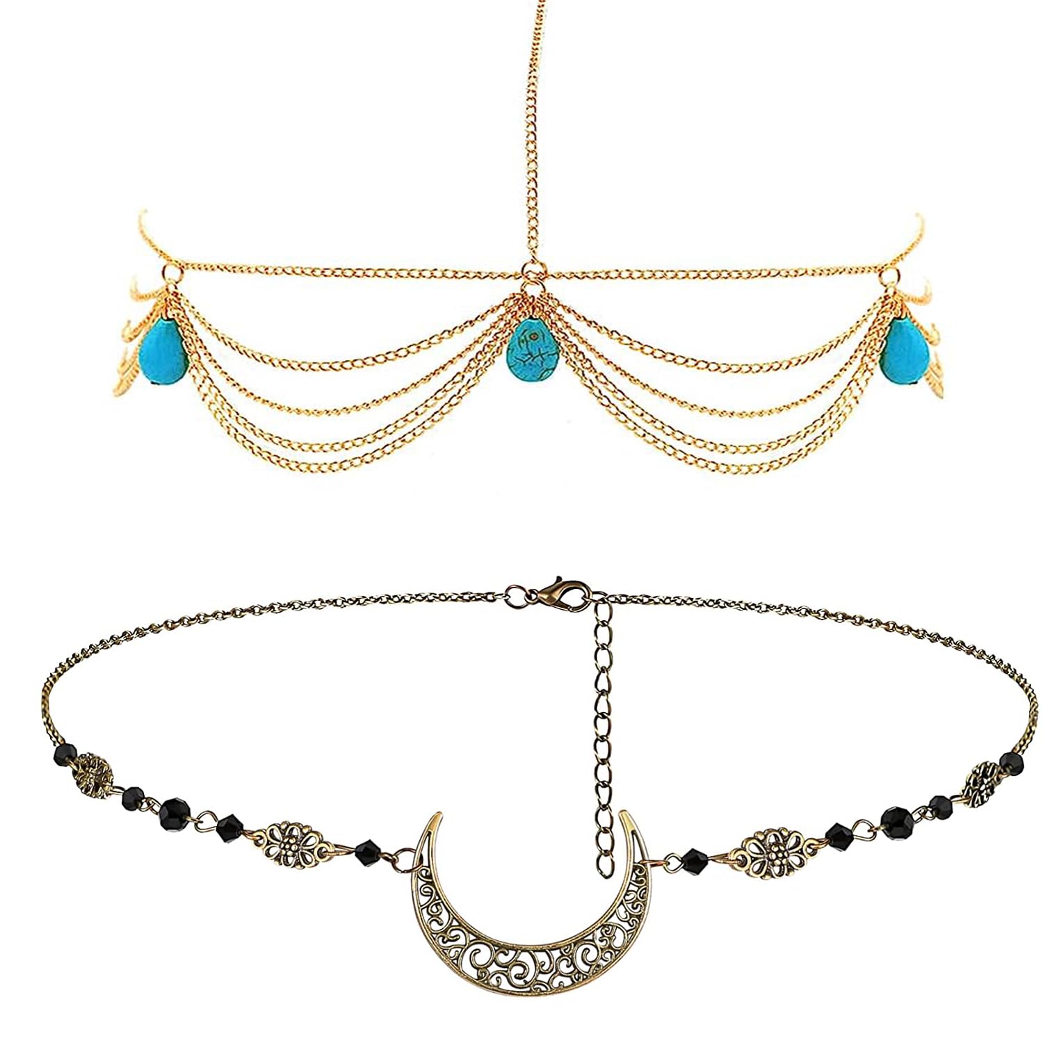 Amzuia 2 Pieces Hand Chain,Bohemian Head Chain Hollow-out Moon Pendant Crystal Headpiece Vintage Hair Chains Headband Jewelry Hair Accessories for Women and Girls