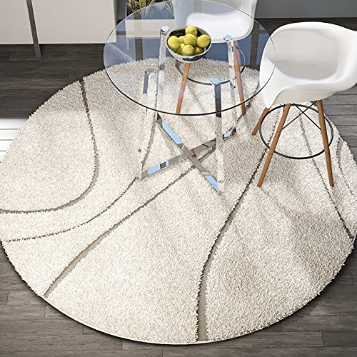 Image of Transitional Flames Round Shaggy Carpet for Living Room, Bedroom, High Low Design Finish Microfiber 1.8 Inch Pile High, 6x6 Feet Ivory|Beige Color
