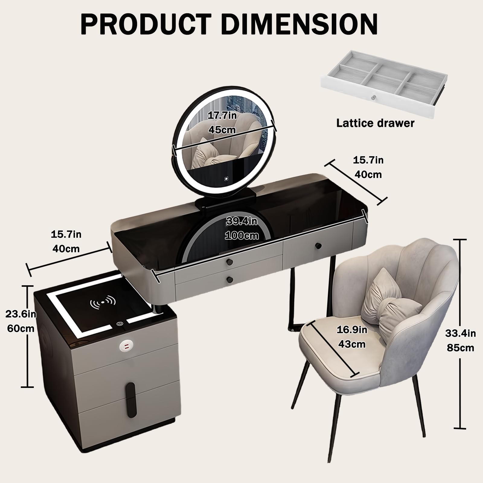 Zestaw toaletki z krzesłem, stołem do makijażu i głośnikiem Bluetooth, bezprzewodowy/USB stacja ładująca do sypialni, idealny dla kobiet i dziewcząt, stylowy i funkcjonalny