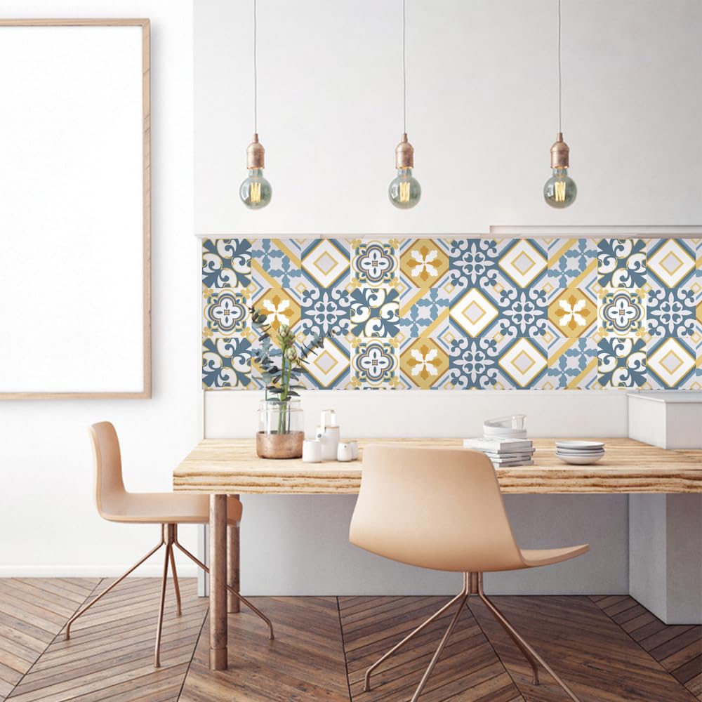 LMYSXAOZ Tile Stickers Blue Mustard Yellow Bathroom PVC Stick on Tiles Self Adhesive Kitchen Wall Peel and Floor 30x30cm/10 pcs