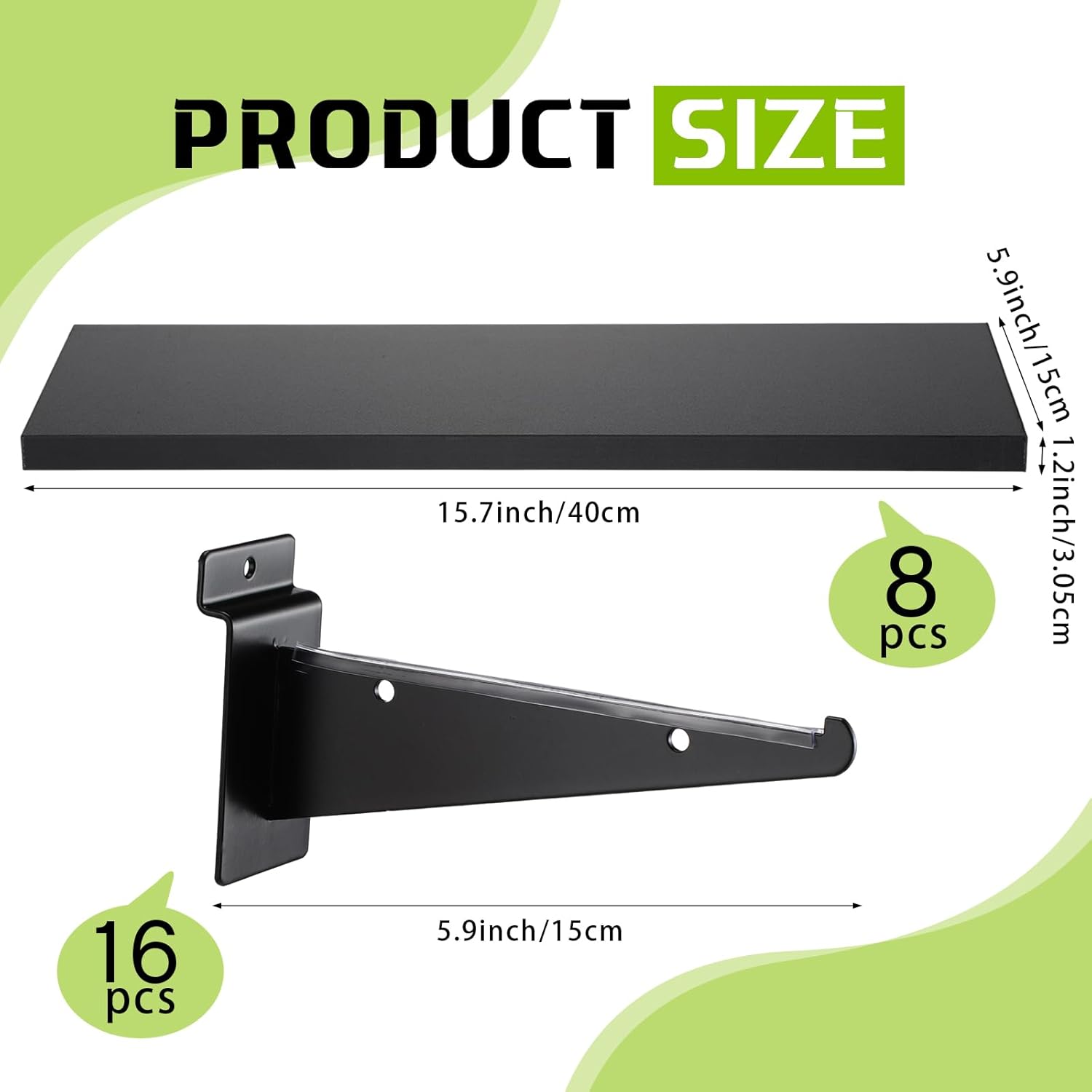 Beeveer 8 Pack Wooden Slatwall Shelf Set 15.7 × 5.9 Inch Black Slatwall Shelves with Metal Brackets Wall Mount Slatwall Shelf Bracket Wall Organizer Slatwall Accessories for Garage Home Retail