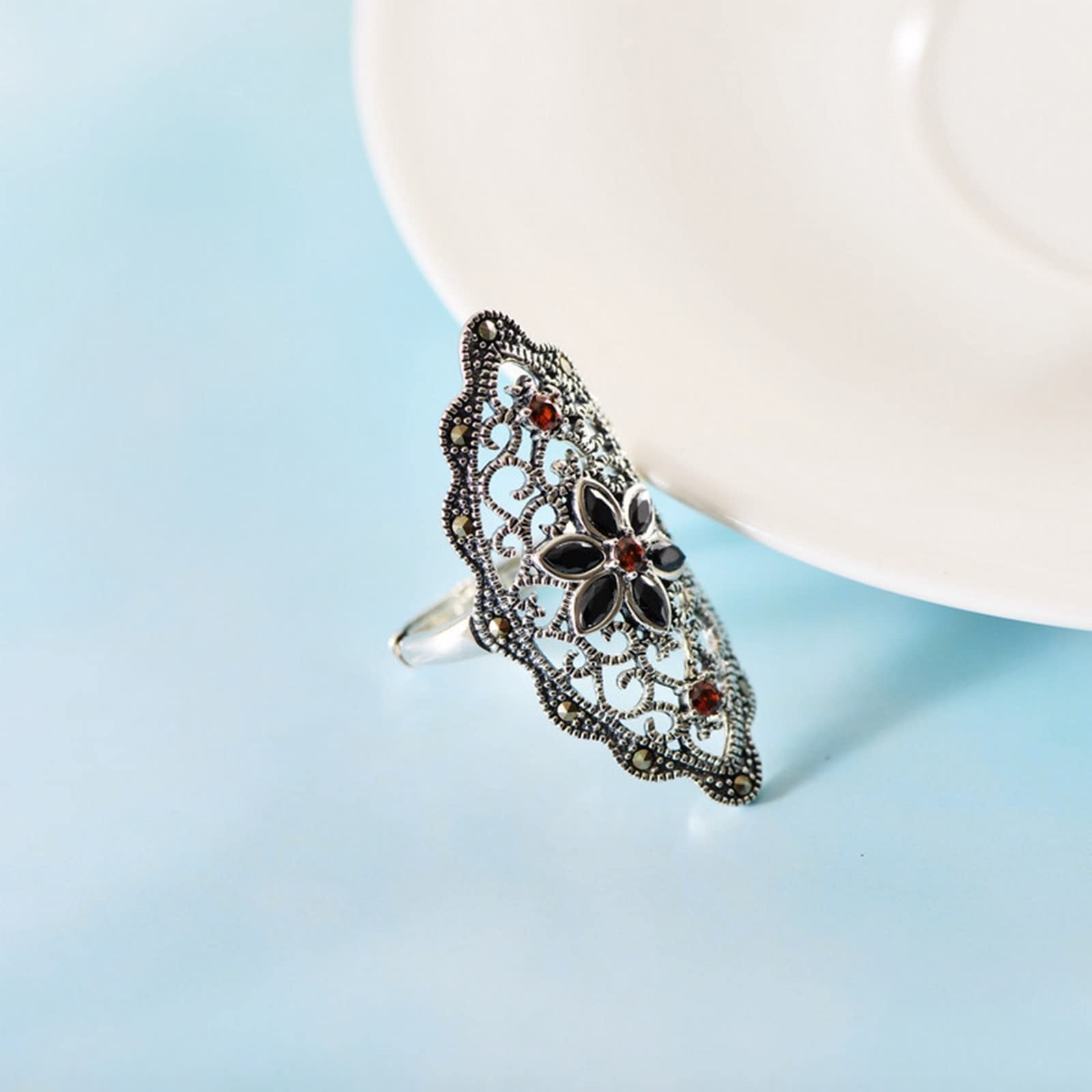 Anello da donna vintage S925 in argento Sterling, argento rosso, anello da donna con zirconi cubici, fiore cavo, regolabile, anello da donna, regalo di compleanno, Réglable, Strass