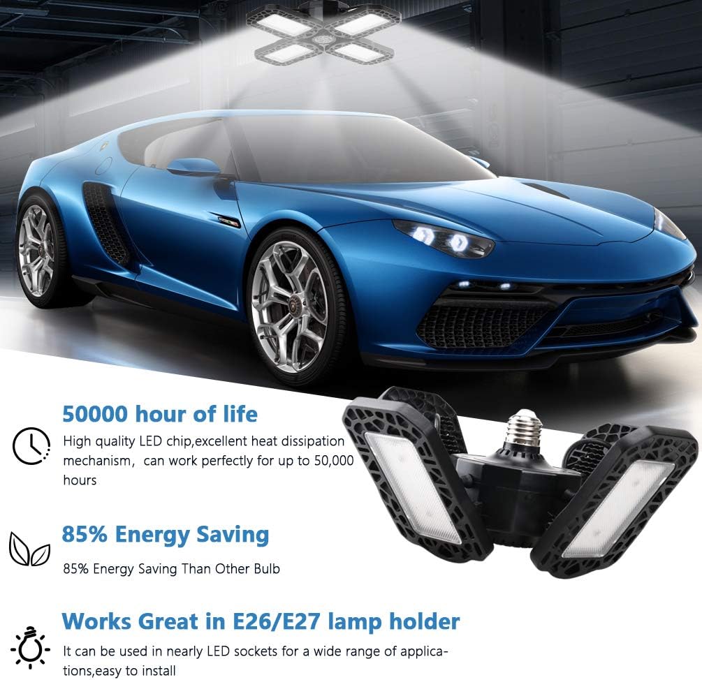 Ralbay 100W LED Aluminum Garage Lights 2-Pack Deformable Ceiling Lighting E26/E27 10000LM LED Light Bulbs for Workshop Warehouse Lights with Adjustable Panels 6000K