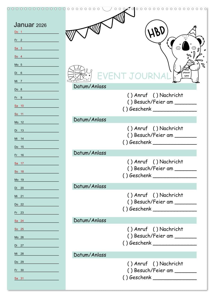 Geburtstagsplaner Doodle Tiere - Für Termine, Geschenke, Eventdetails & mehr (Wandkalender 2026 DIN A2 hoch), CALVENDO Monatskalender: Mit diesem ... und keinen Anruf mehr. (CALVENDO Menschen)