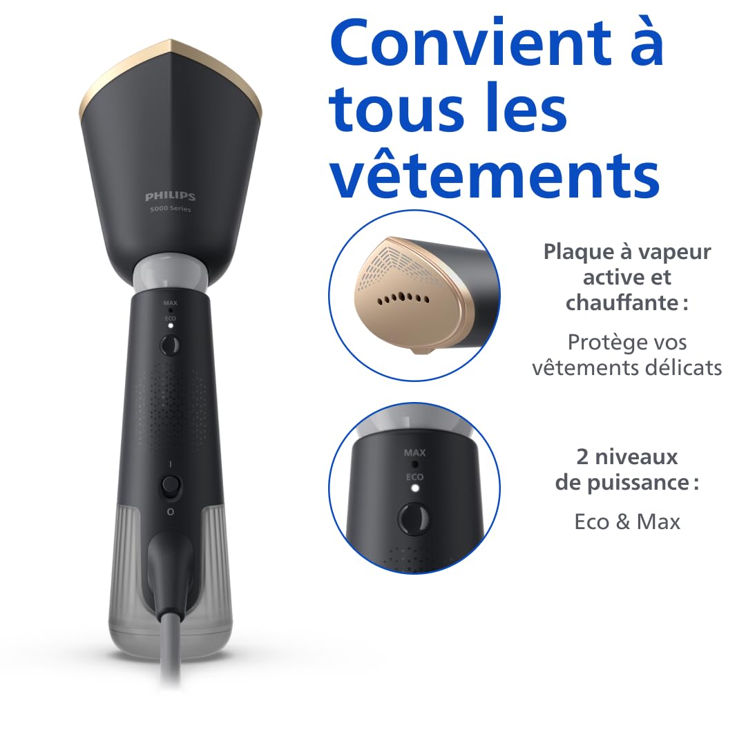 Philips Défroisseur à Main 5000 Séries - Steamer 1300W, Vapeur 24g/min, Réservoirs 120ml & 200ml, prêt en 35sec, réglages Eco & Max, Pochette & gant, Léger 720g, gris anthracite (STH5030/80)
