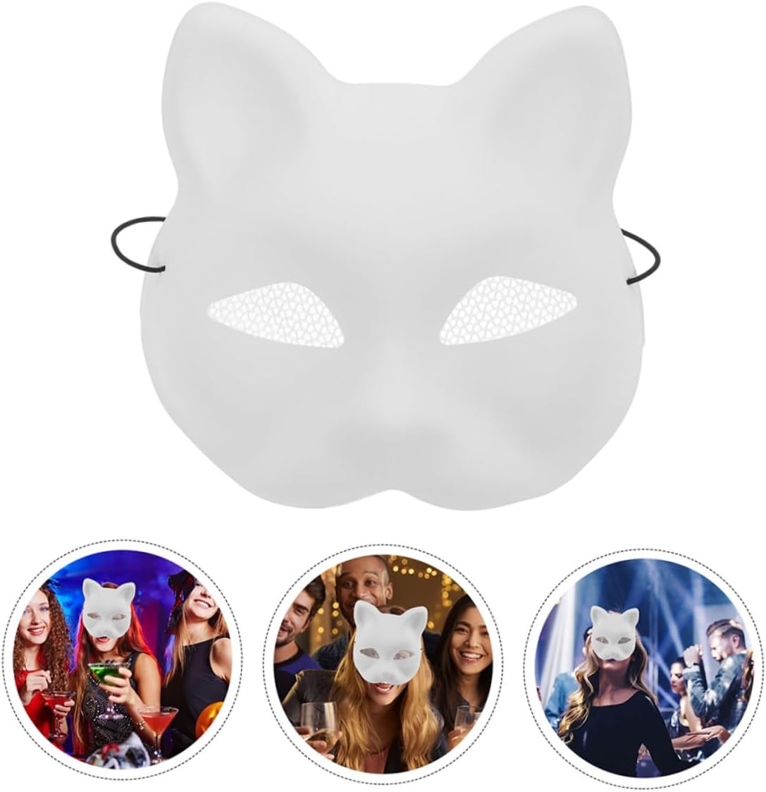 GARVALON 2pcs White Cat Face Masks, DIY Blank Plastic Painting Supply