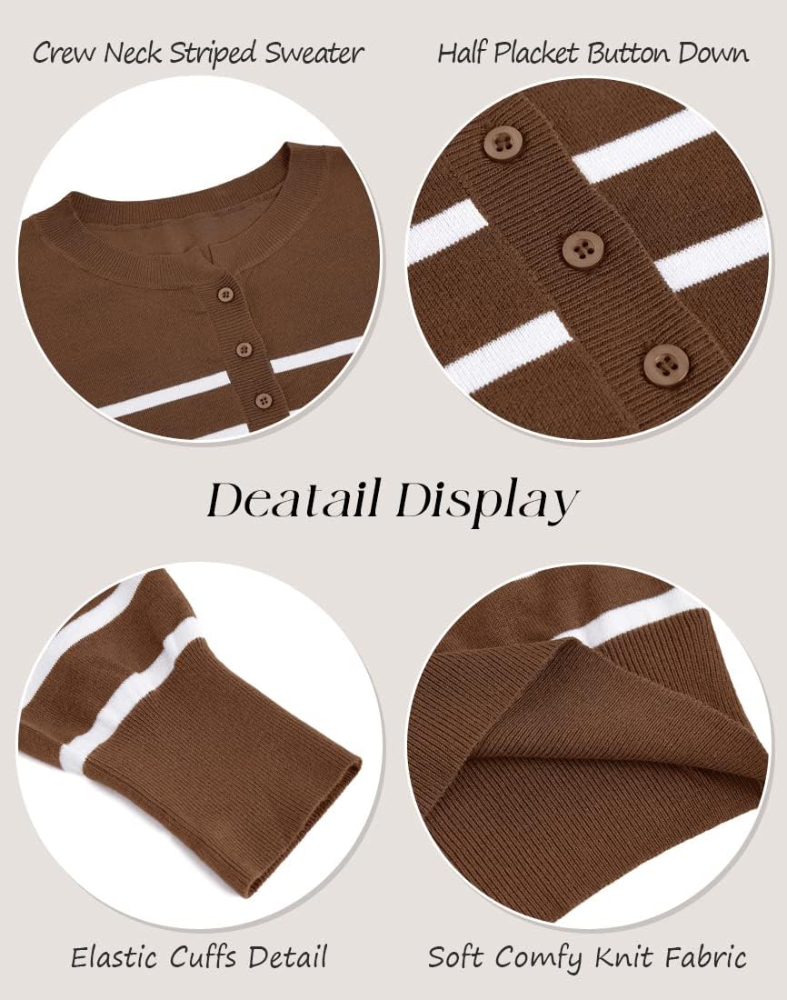 Womens Striped Henley Sweaters Soft Lightweight Long Sleeve Crew Neck Loose Fit Knit Pullover Tops - Image 4