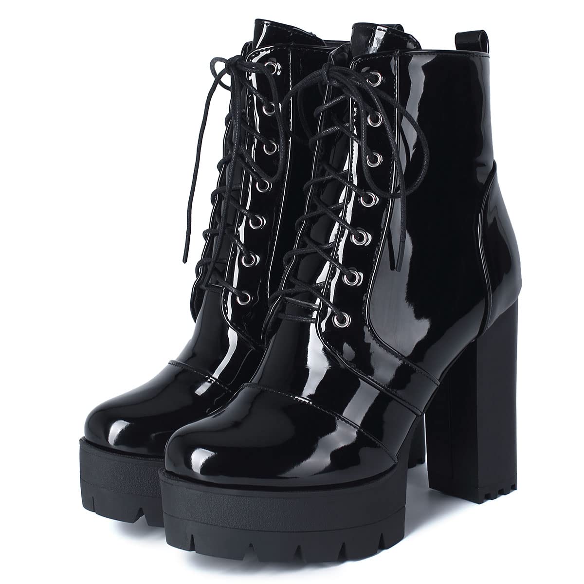 SHEMEE Womens Lace Up Chunky Heeled Platform Ankle Boots Patent Leather Block High Heels Side Zipper Booties Shoes