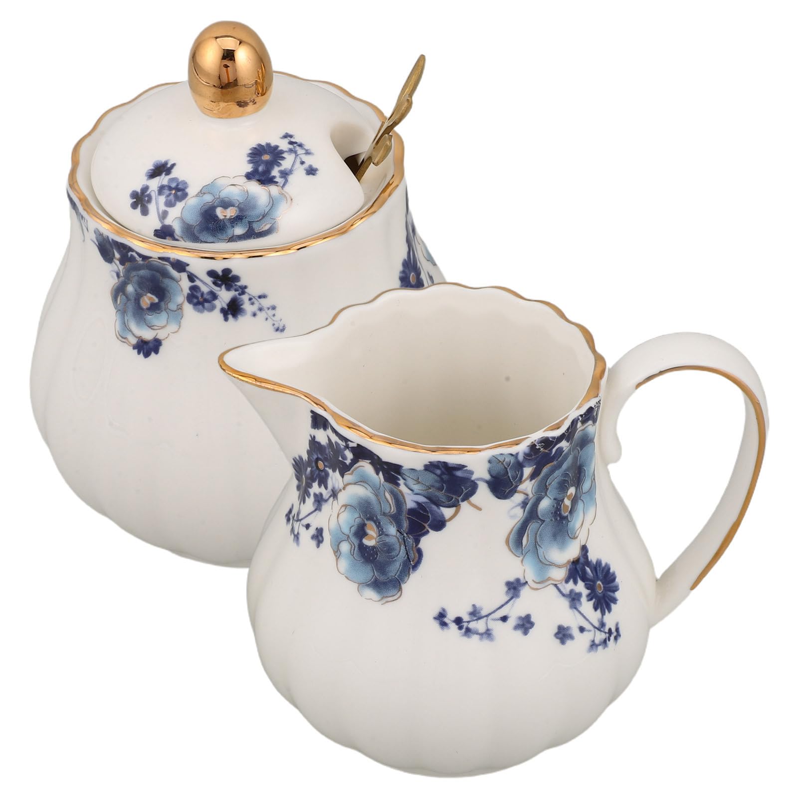 Alipis Ensemble de Sucrier et Pot à Lait en Céramique Blanc avec Couvercle et Cuillère, Design Classique Élégant avec Accents de Fleurs Bleues, pour Bar à Domicile et Occasions Formelles