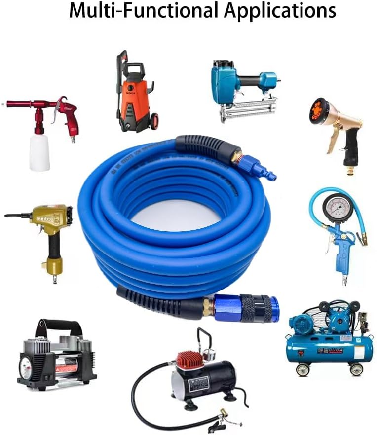 Hybrid Air Hose 1/4-Inch x 25FT,Air Compressor Hose 300 PSI Heavy Duty,Lightweight,All-Weather Flexibility with Band Aluminum Colored Universal Coupler and Plug,with BendRestrictors,Dark Blue