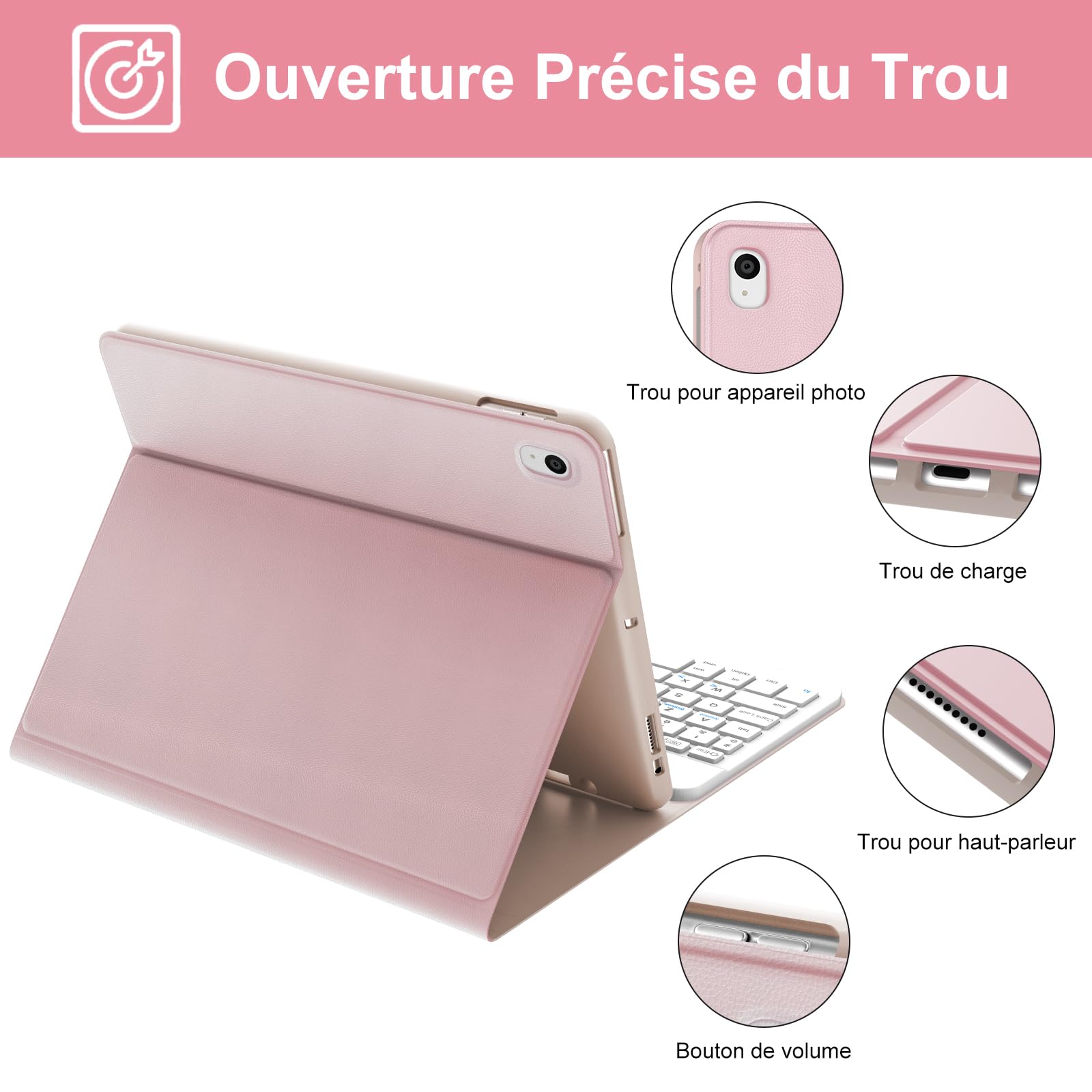Funda teclado para iPad 9e/8e/7e Generation 10,2 pulgadas, AZERTY francés funda teclado Bluetooth desmontable con soporte para iPad 2021/2020/2019 10.2"/Air 3 2019/iPad Pro 10.5 2017, rosa