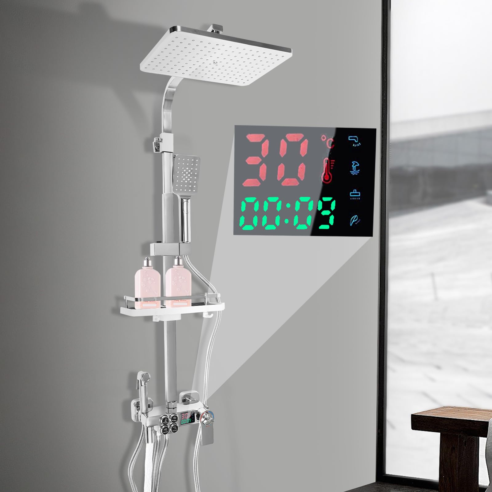 Sistema de ducha termostático, sistema de ducha con termostato de acero inoxidable, altura regulable, ducha de lluvia con grifo, alcachofa de ducha, pantalla LCD, para niños, mascotas, baños de