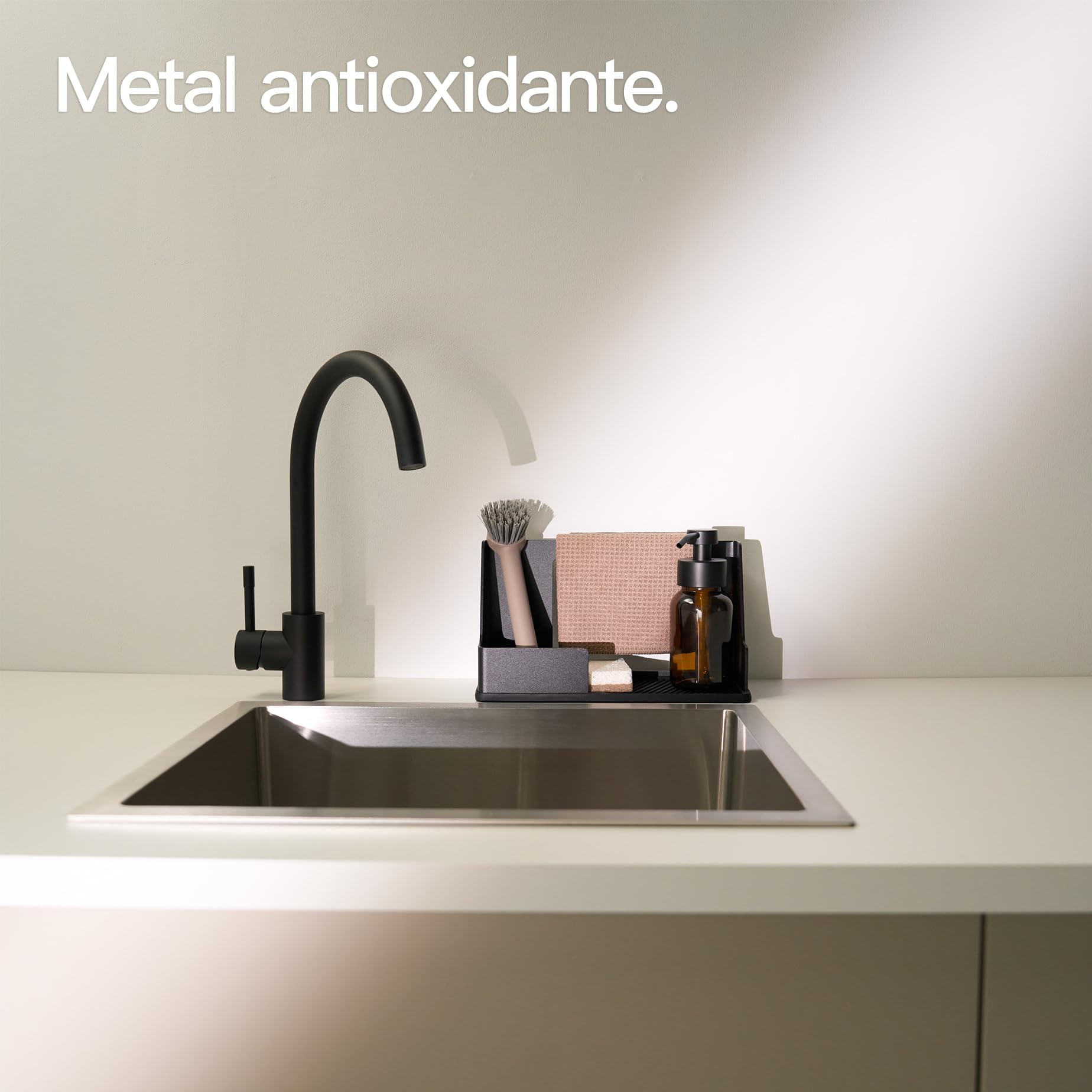 Designfabrik Hamburg Design Hamburgo Organizador de fregadero | Soporte para estropajo y jabón | Organizador de cocina para fregadero | Base de silicona extraíble | Accesorios de cocina | Negro