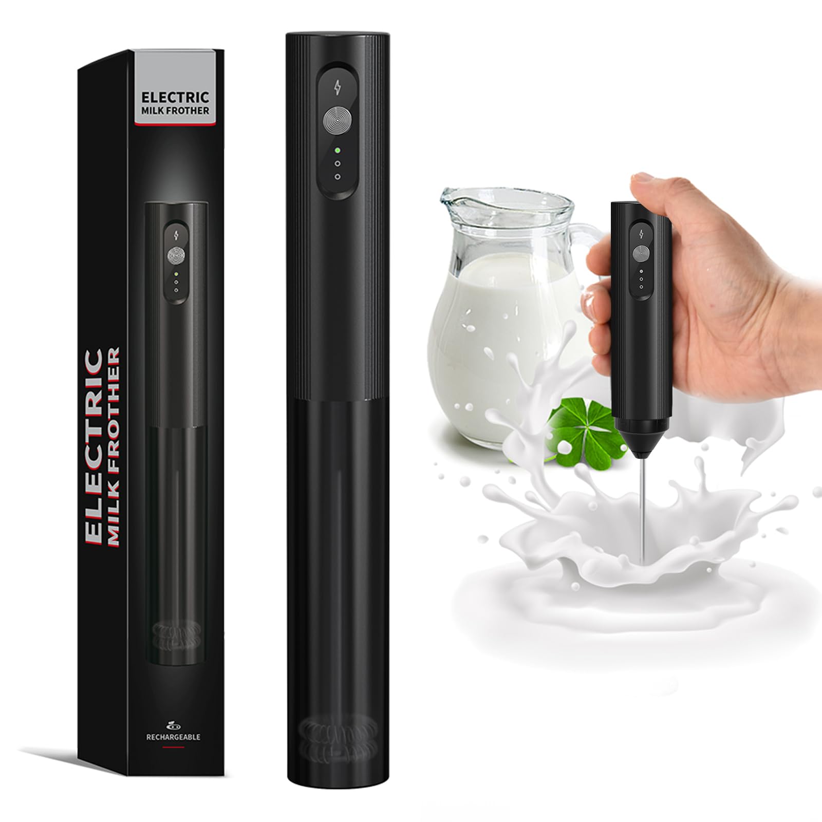 HOTUT Electric Milk Frother Handheld, Rechargeable Coffee Frother with Stainless Steel Whisk, Electric Stirrer Coffee Mixer Wand, Hand Drink Mixer for Coffee, Lattes, Cappuccino, Matcha, Black