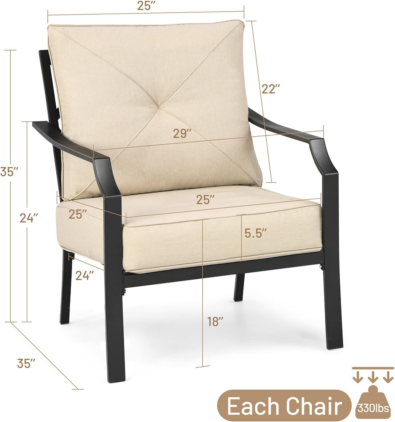 Tangkula 2 Pieces Patio Dining Chairs, Outdoor Bistro Armchairs with Steel Frame, Thick and Soft Cushions, Garden Dining Chairs Set for Porch, Backyard, Balcony (Beige)