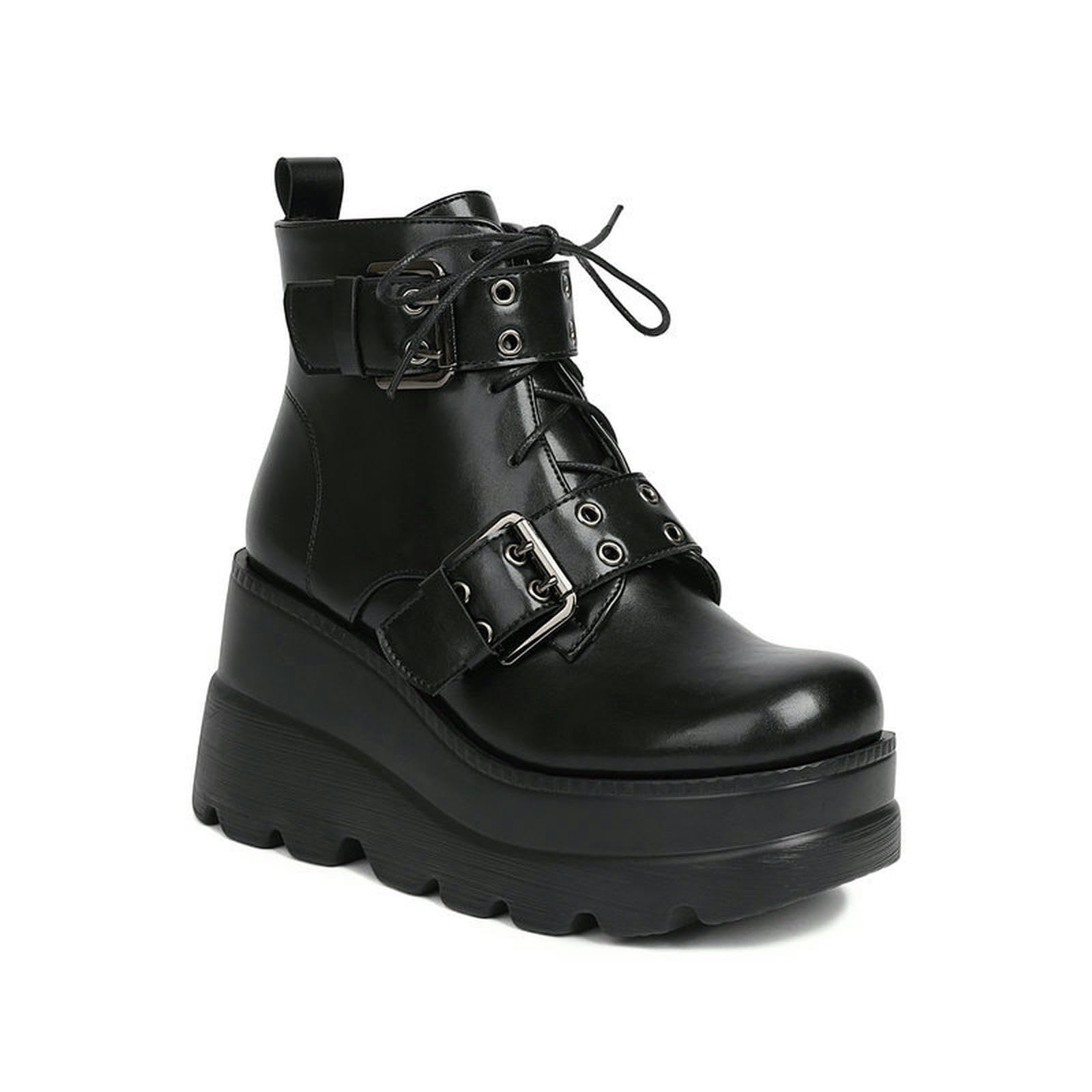 Damskie solidne gotyckie botki na platformie moda klamra punk kliny wysokie obcasy damskie buty imprezowe uliczne damskie buty