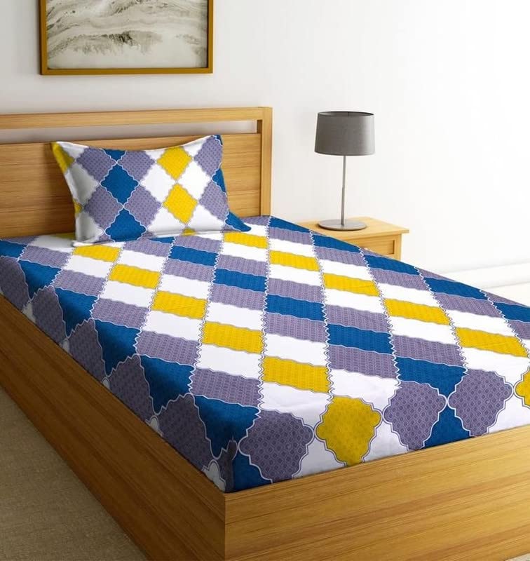 Image of NHD HOME Premium Cotton Printed Single Bedsheet with One Pillow Cover for Coat /Diwan / 4x6 Bed 180 Tc (150x225 cm, Blue & Yellow) बेडशीट