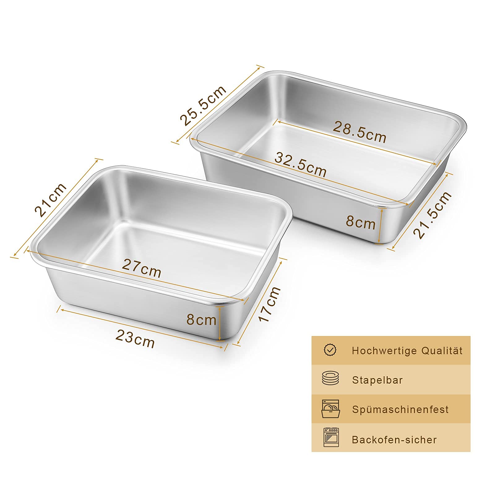 Homikit Lot de 2 plats à four rectangulaires en acier inoxydable 32,5 cm + 27 cm | Tife - Grand moule à gâteau Tiramisu - 8 cm - Pour lasagne, maas, brownie, résistant et passe au lave-vaisselle