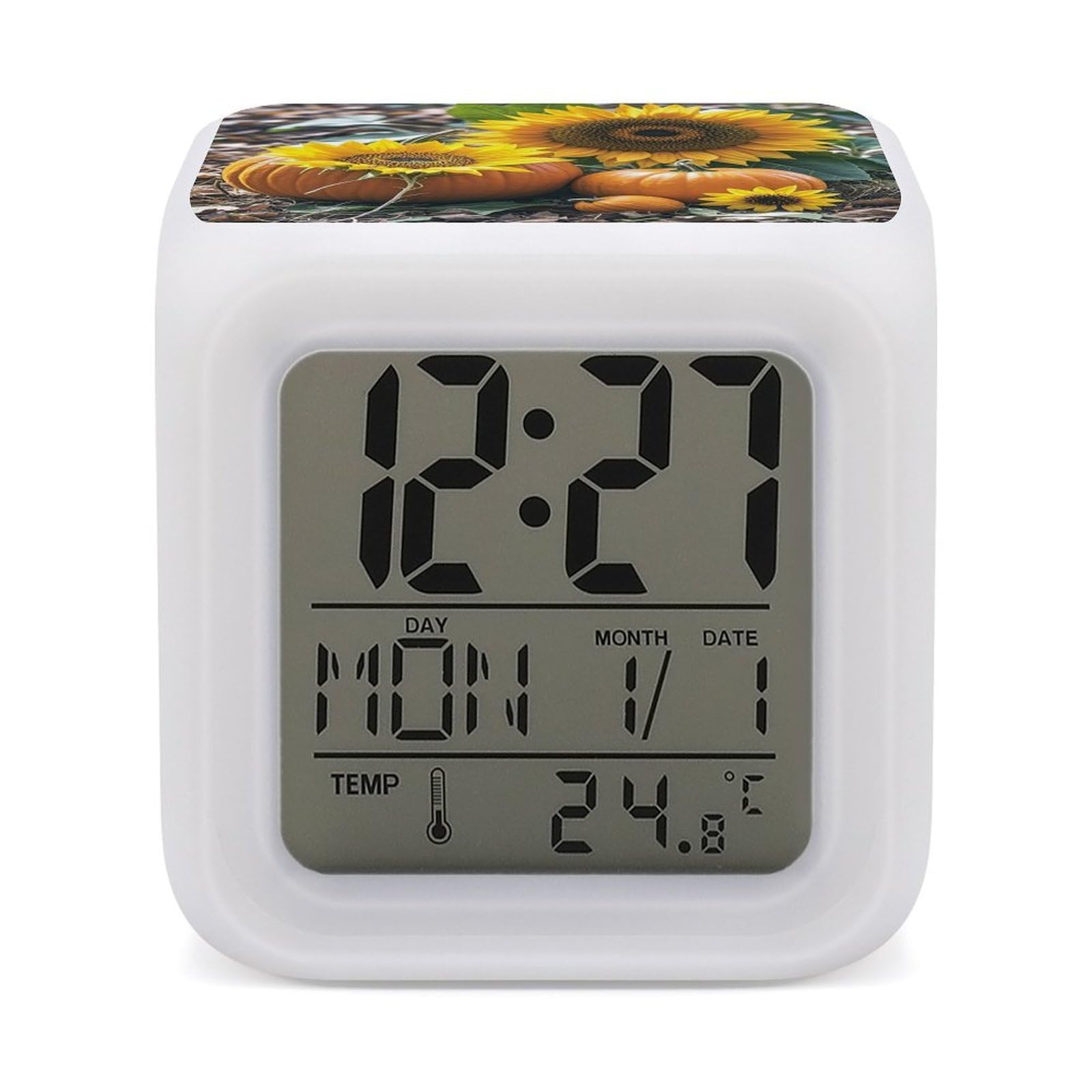 LZQPOEAS Pumpkins and Flowers Alarm Clock Desk Clock with 7 Color Changing Night Light Digital Clocks with Temperature Display Sleep Training and Sound Machine for Heavy Sleeper