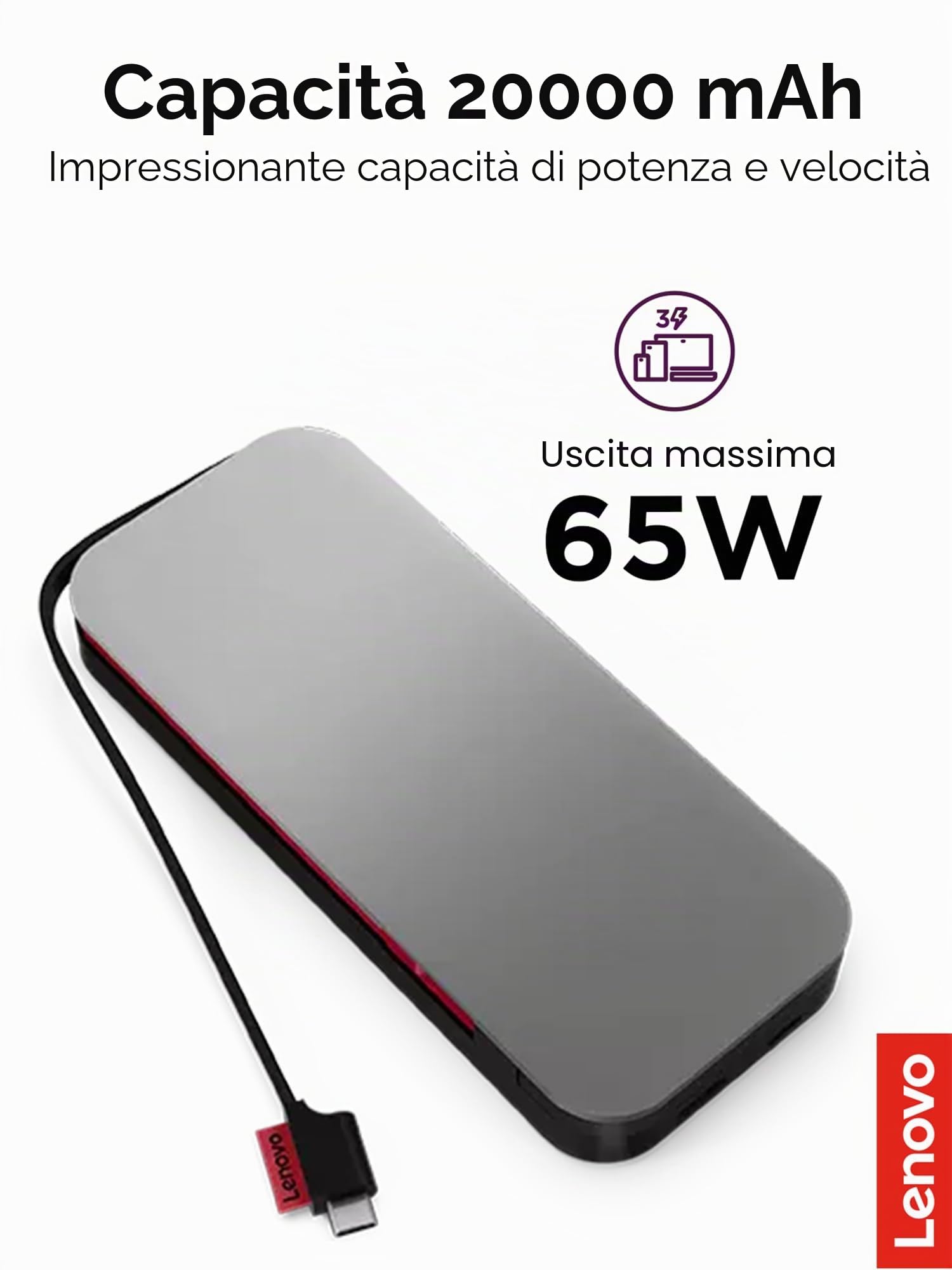 Lenovo Go [PowerBank] USB-C Laptop Power Bank (20.000 mAh), grigio tempesta