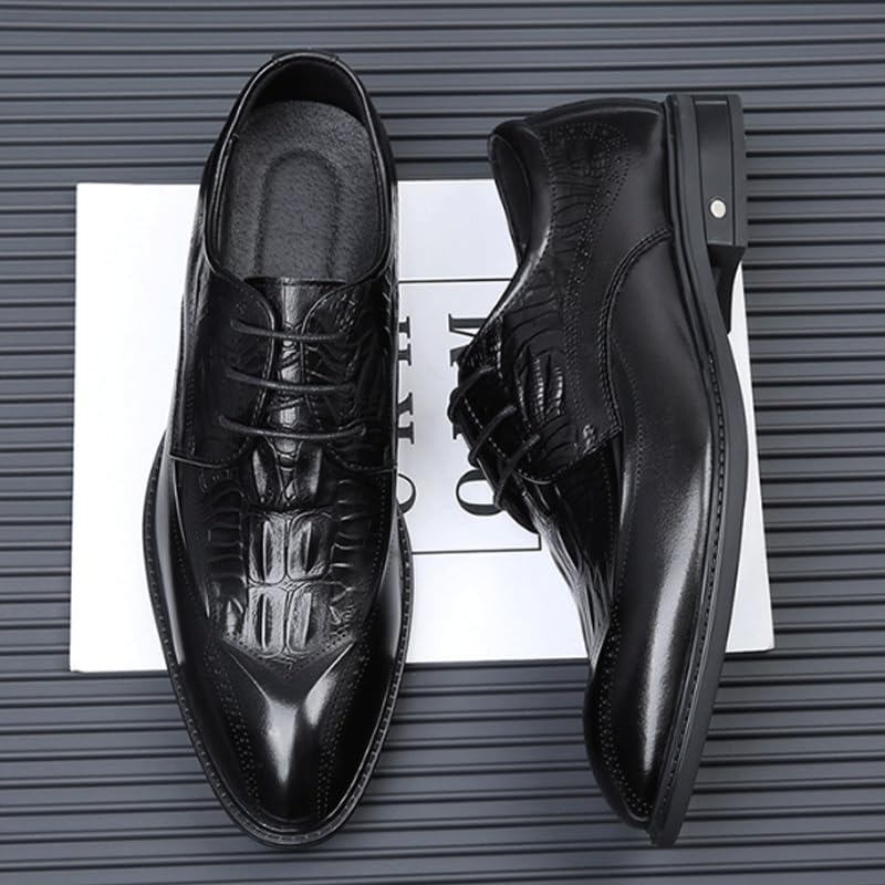 Men's Breathable Leather Wingtip Brogue Oxfords Men's Vintage Crocodile Print Strap Slip On Dress Shoes Business Casual Derby Shoe3