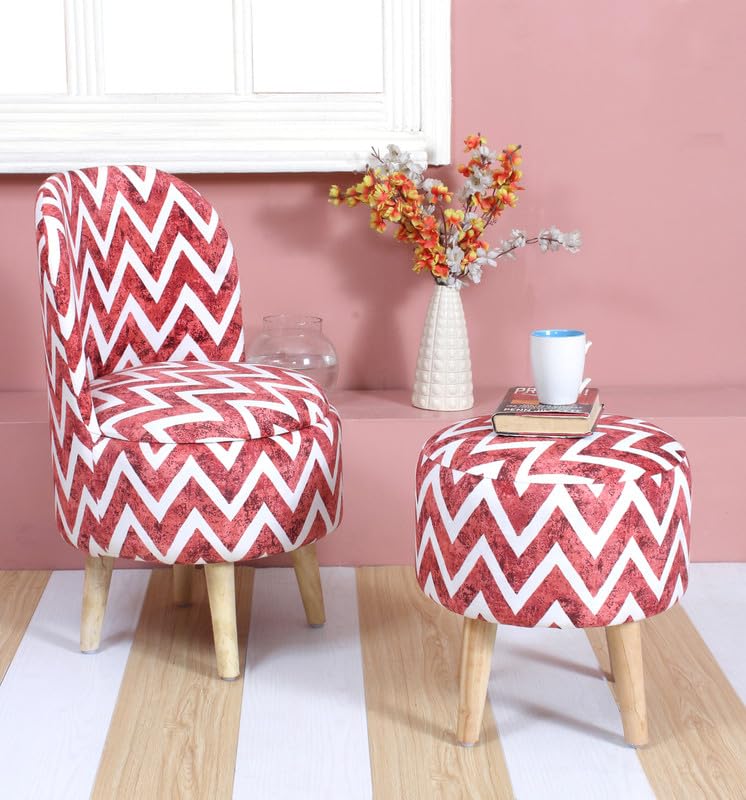 Sitting Solutions for Home – Wooden Frame Round Ottoman Chair | Ottoman for Living Room Sitting Pouffes | Bedroom, Study & Makeup Table, 32 Inch Height, Maroon Zigzag