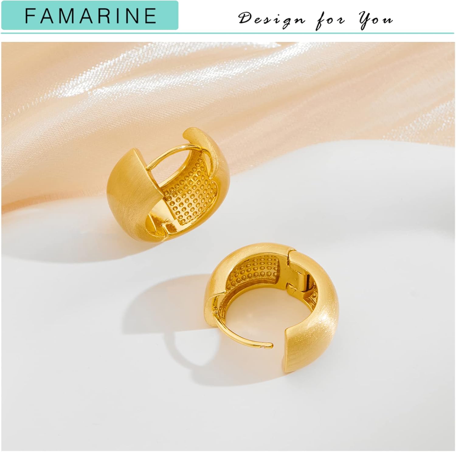 FAMARINE Chunky 14K Gold Plated Hoop Earrings, 10 MM Hoops Huggie Earrings, Brashed end - Image 3