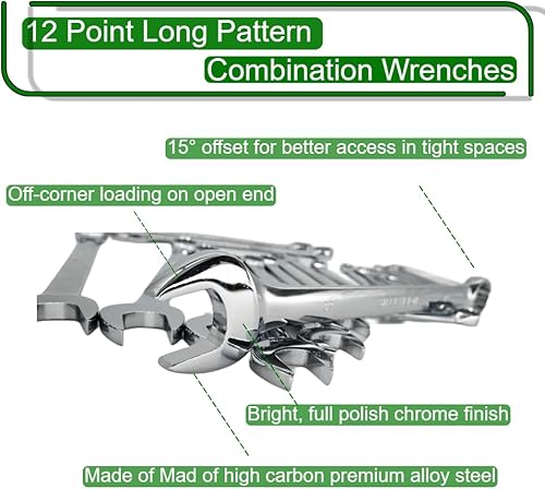 Miniatura 3 de SteelVision - Juego de llaves combinadas de 23 piezas de 12 puntos de patrón largo, métricas, acero CR-V resistente, acabado antioxidante, pulido de