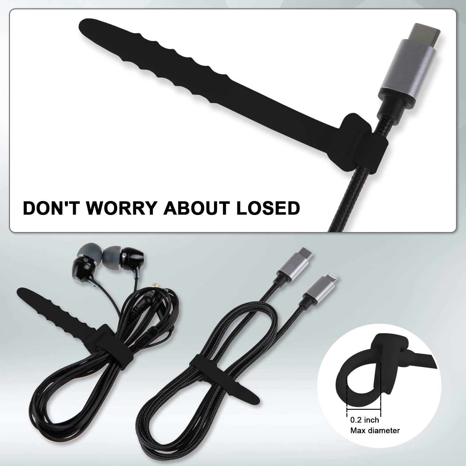 12 Pack Reusable Cable Zip Ties, 7.1Inch Long Elastic Silicone Cord Organizer Straps for Bundling and Organizing Phone Charging, Cable Wire, Headphones, Management Home Office Table(Black)