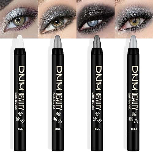 Kaely Juego de 4 lápices de sombra de ojos ahumados para ojos, color blanco perla, deslumbrante, gris, perla, negro y plateado, lápiz de maquillaje