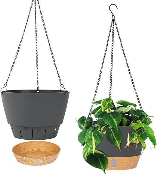 QCQHDU Hanging Planters for Indoor Plants, Self Watering Pot with Drainage Holes & Removable Tray, Outdoor Hanging Flower Pots Set of 2 (Dark Grey, 8 inch)