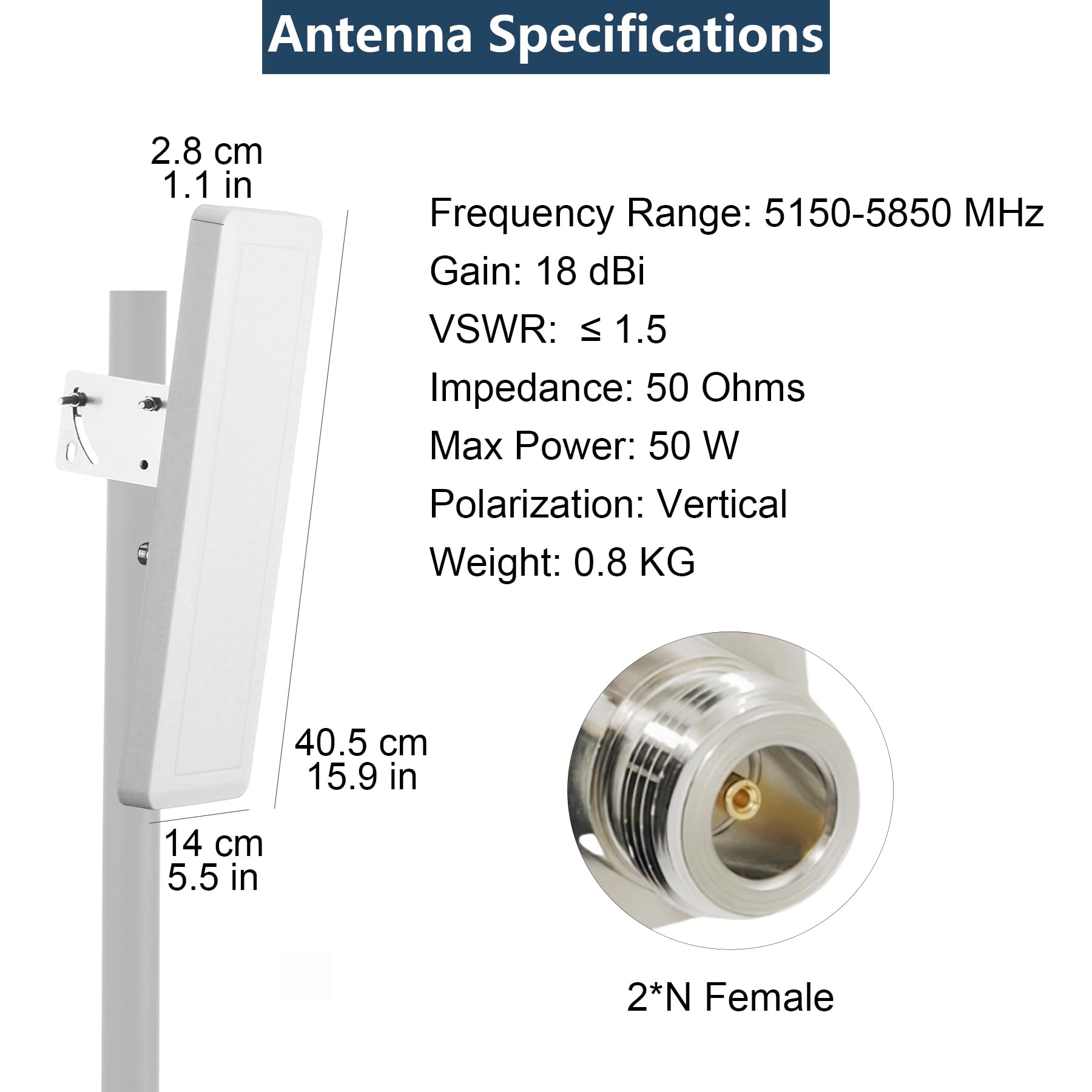 Antenne WiFi 5,8 GHz 5,8 GHz (5150-5850 MHz) 18 dBi Panneau WiFi directionnel extérieur à gain élevé avec câble N-femelle de 4,9 m