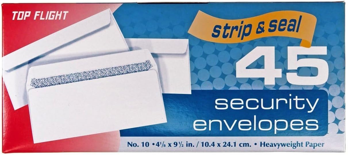 Top Flight Number 10 Boxed Security Envelopes, Strip and Seal Closure, 4 1/8 x 9 1/2 Inches, White, 45 Envelopes per Box (6900120)
