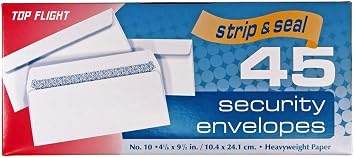 Top Flight Number 10 Boxed Security Envelopes, Strip and Seal Closure, 4 1/8 x 9 1/2 Inches, White, 45 Envelopes per Box 6900120