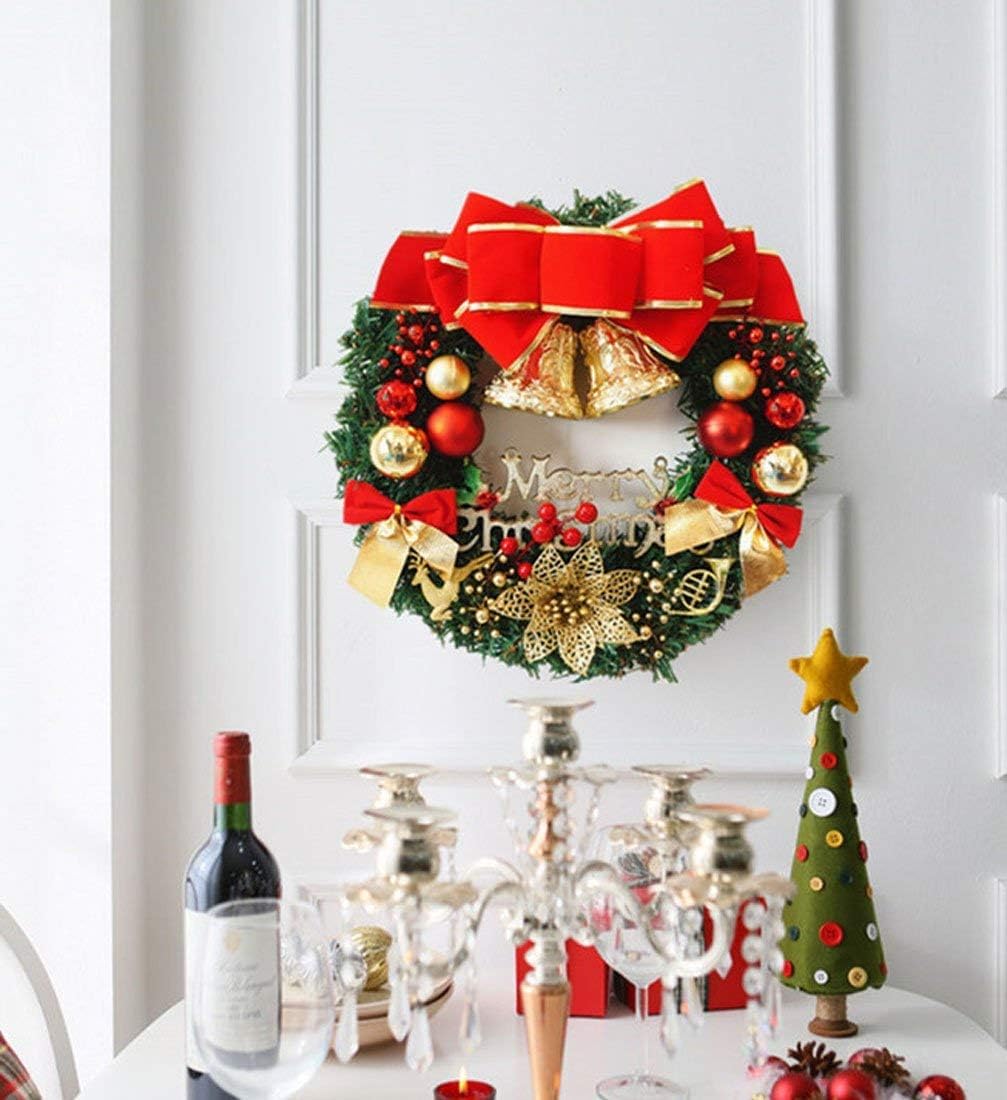 H&W Couronne de Noël artificielle de taille moyenne (40 cm) pour porte d'entrée, mur, fenêtre, poinsettia artificiel avec clochette, nœud et petits ornements (MC7-D1)