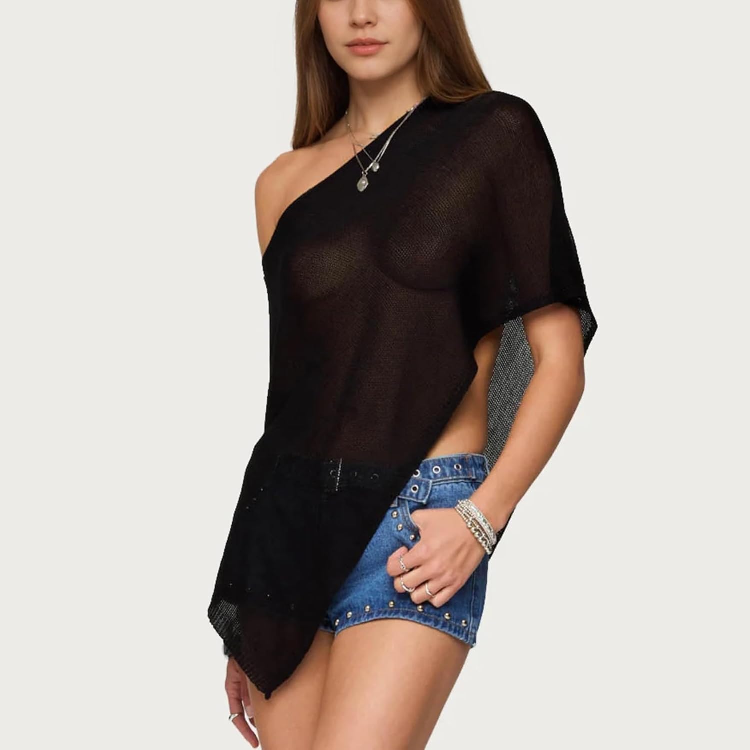 Women Cover Up One Shoulder Knit Asymmetric Shrug Pullover Sweater Trendy Beach Vacation Sheer Poncho Mesh Blouse - Image 5