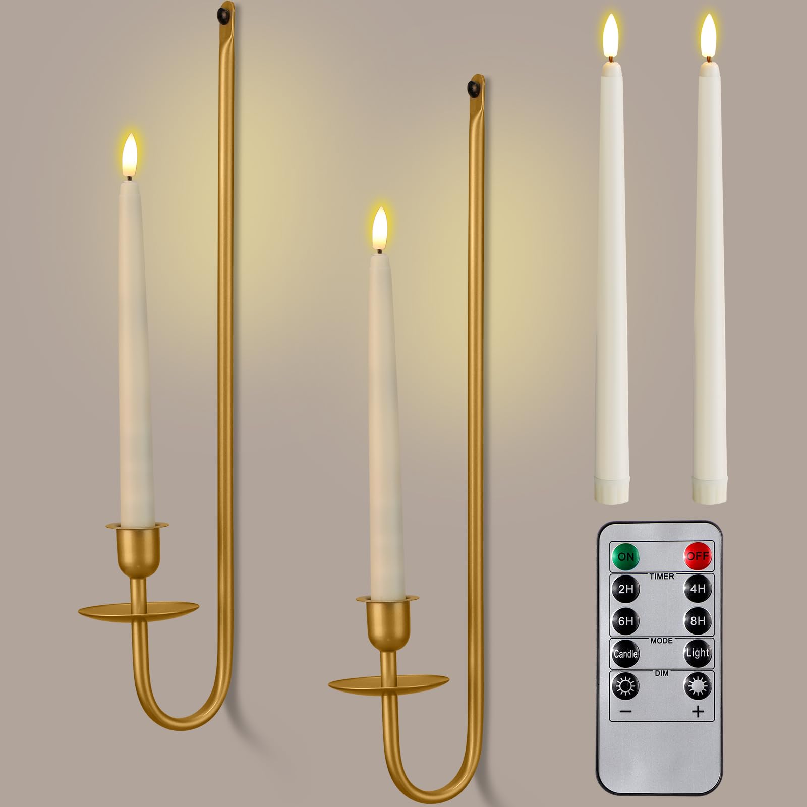 tessco for You - Juego de 2 candelabros de metal para montaje en pared con velas cónicas sin llama y temporizador remoto, velas LED de 9.6 pulgadas, portavelas de pared colgante de 16.5 pulgadas para