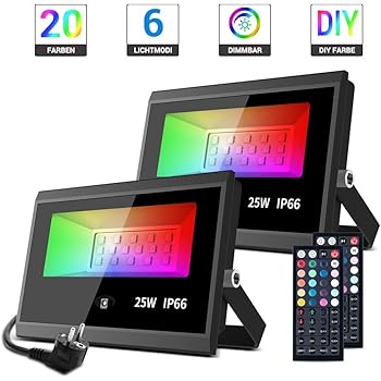 Mustwin Rgb Strahler 25w Led Strahler 2er Mit Fernbedienung Ip66 Wasserdicht Fluter Farbwechsel Dimmbar Aussenstrahler Bunt 20 Farben 6 Modi Mit Memoryfunktion Timer Fur Garten Aussen Party Deko Amazon De Beleuchtung