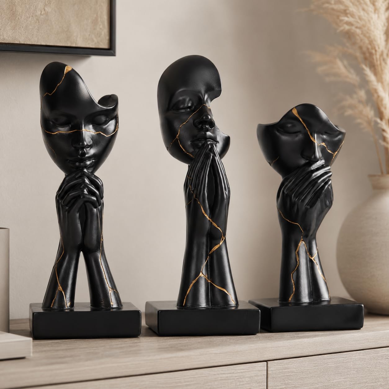 Gebetshände, Kunstharz-Statue, 3-teilig, abstrakte Kunst-Skulptur-Set | Betende Hände, Dekoration, modernes Regal, Tisch-Bücherregal, Wohnzimmer, Büro, 3-teiliges Set