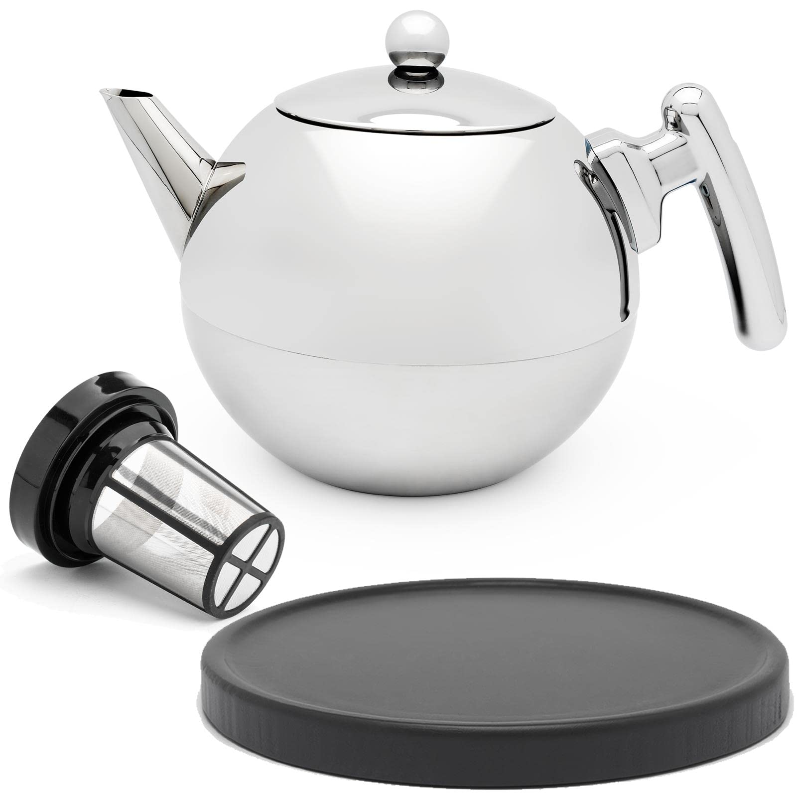 Bredemeijer Bella Ronde Edelstahl-Teekannen-Set 1,2 L - Doppelwandige Edelstahlkanne in Kugelform, silber - Mit schwarzem Untersetzer & Tee-Filter Sieb-Aufsatz - ideal für Teebeutel & losen Tee