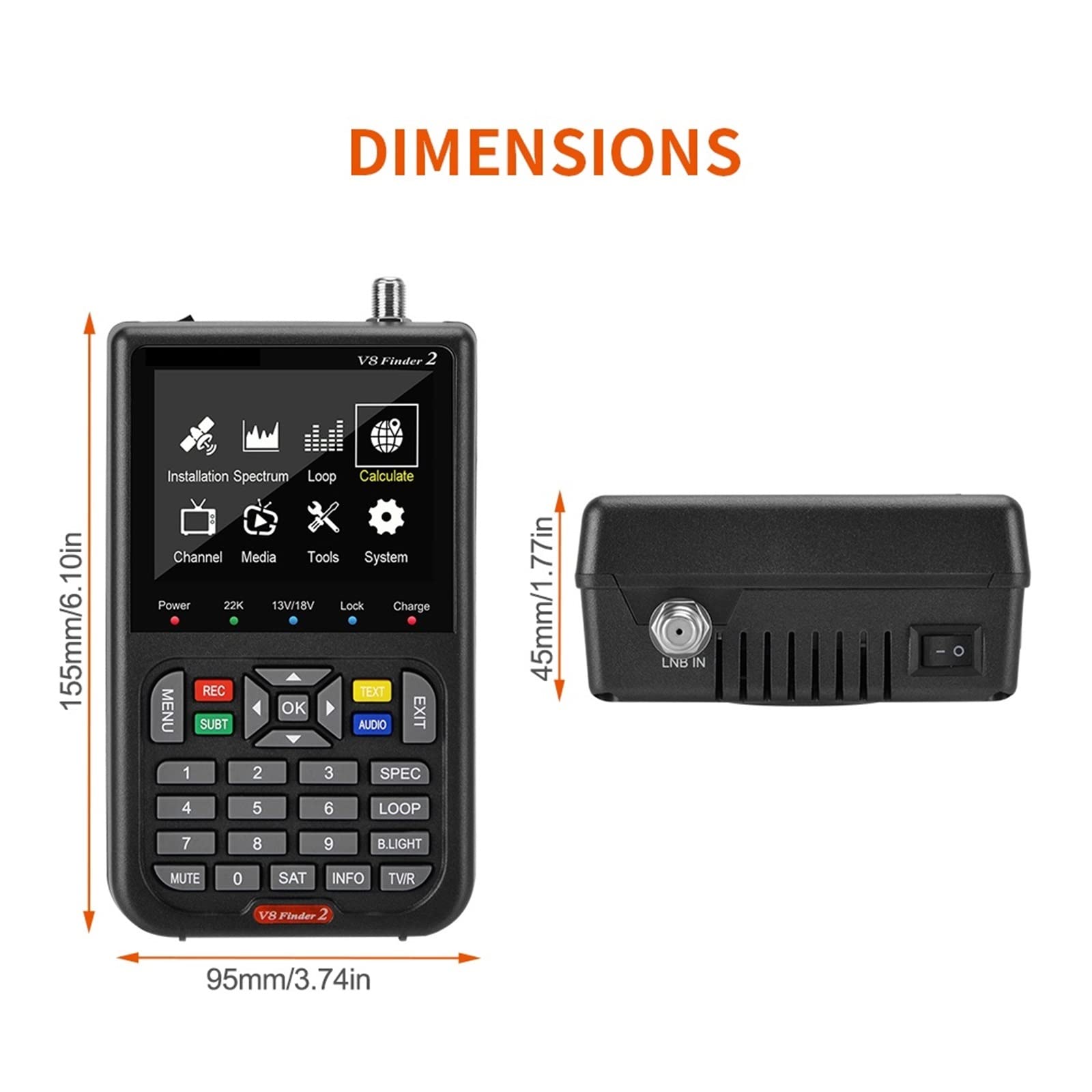 Medidor de Campo TDT, DVB-S2X / S2 / S Buscador de señal satelital V8 Finder2 Medidor 1080P HD 3.5quot; Pantalla de visualización H.264 Receptor de TV digital ,para configurar antena parabólica(With b