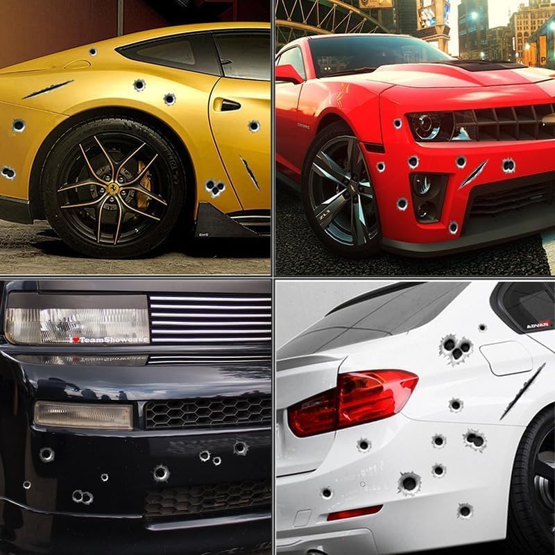 Image of 3D Bullet Hole and Scratch Car Stickers, Simulation Stereoscopic Fake Gun Bullet Holes Stickers, Automotive Tattoo Decorations, Waterproof Car Decals, Automotive Decals (Bullet Hole and Scratch)