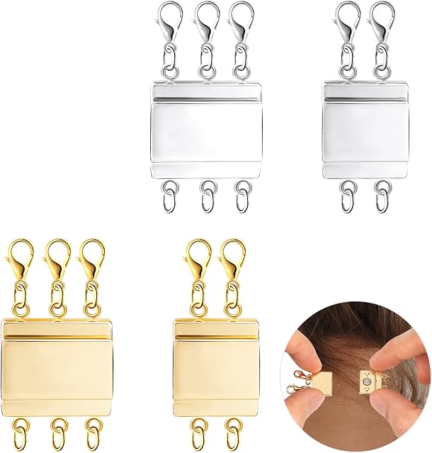 KINBOM 4pcs Layered Necklace Clasps, Layering Magnetic Necklace Detangler Jewelry Connectors Magnetic Necklace Separator for Layering Jewelry DIY (2/3 Strands Silver and Golden)