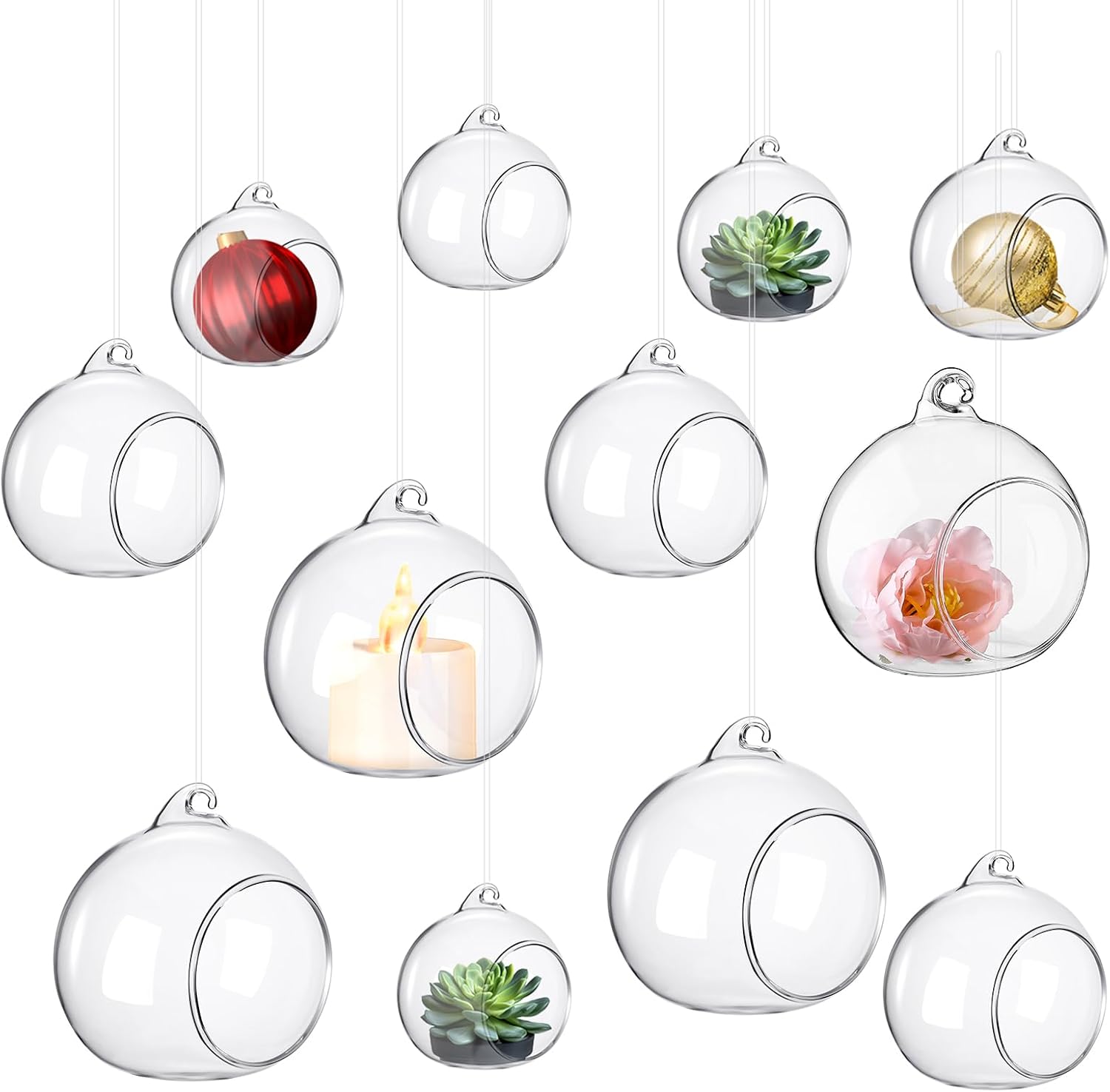12 Pcs 5.3'' 3.9'' 3.15'' Hanging Glass Tealights Candle Holder Large Globes Fillable Plant Clear Terrarium Orbs Air Plants Holder with Fishing Line Wedding Centerpiece Party Tree Decor