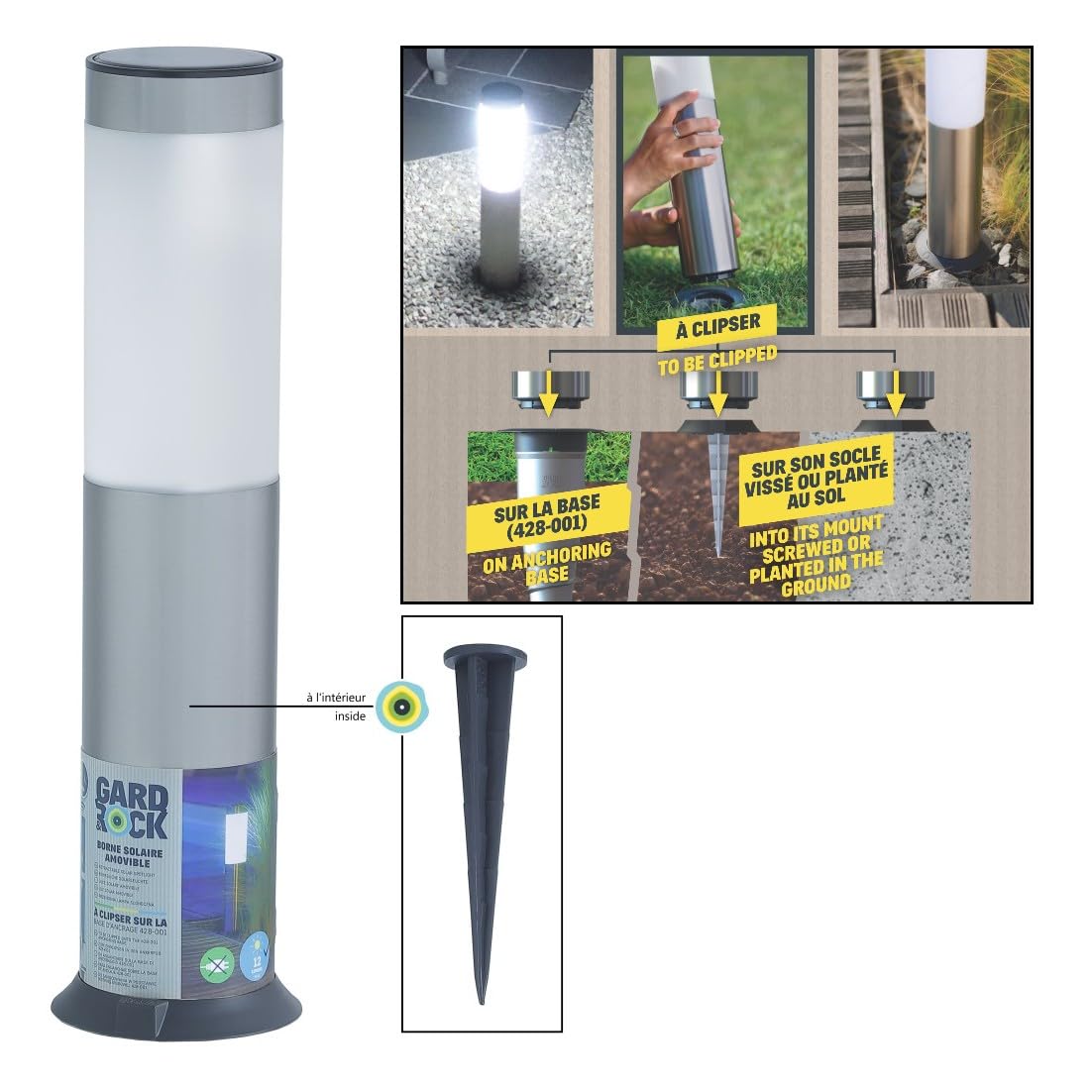 GARD & ROCK - Borne solaire en inox - 3xLEDs SMD - Fonction lanterne amovible - À clipser au sol - Economique et sans branchement - Illuminez et décorez votre jardin!