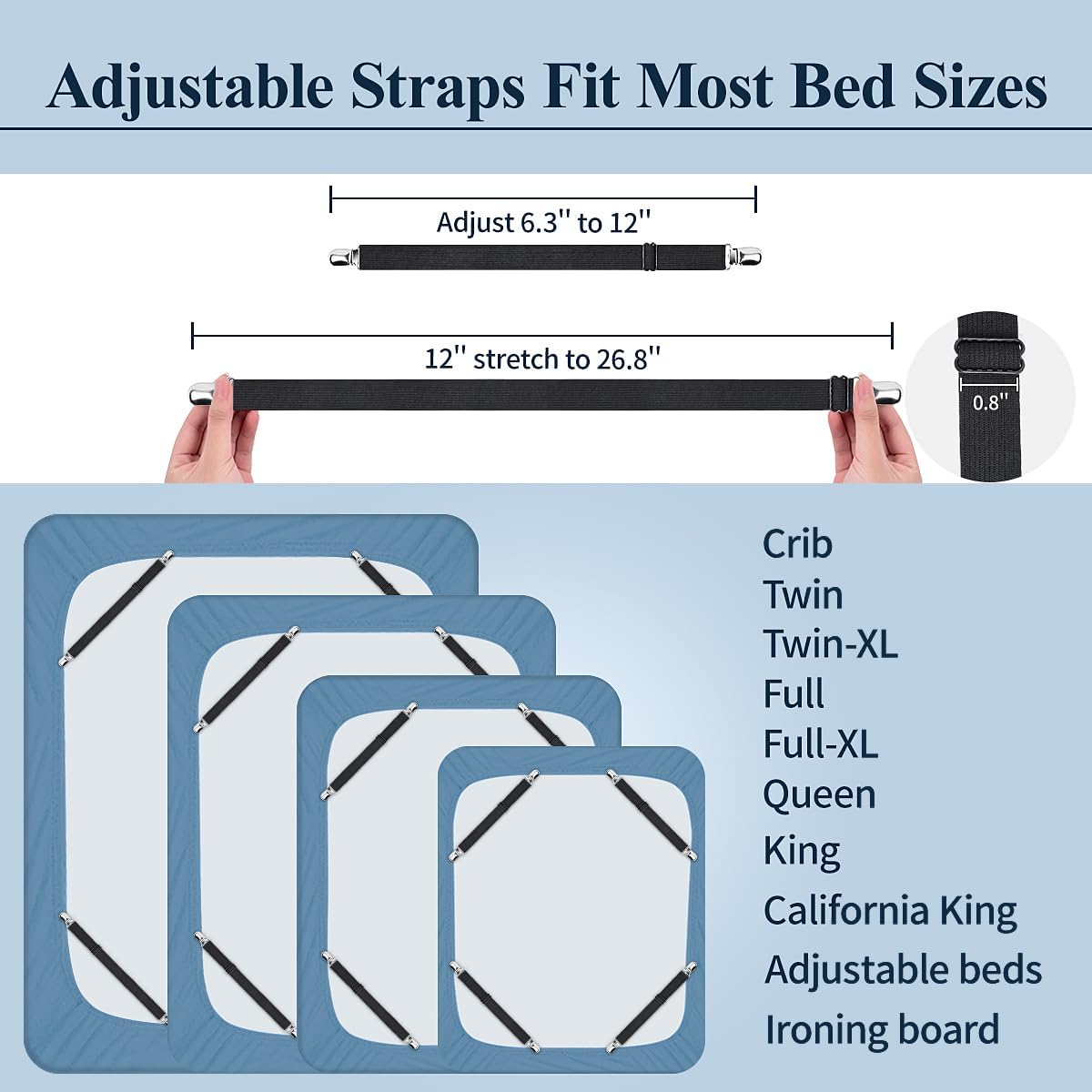 Sopito Sheet Straps, Adjustable Elastic Bed Sheet Holder, 8pcs Black | Keep Sheet Firm & Tight, Non-Slip Strong Gripping Sheet Clips, Max Stretch 26.8'' for Crib to King Size Bed, Easy to Install