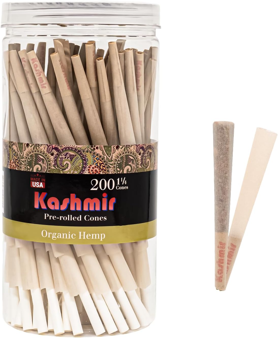 Kashmir Pre Rolled Cones Organic Hmp 1 1/4 Size 79mm – 200 Pack Natural Fiber Cones with W-Shaped Tips – Slow Burn Rolling Papers for Smooth, Even Smoke – Easy Fill, Premium Pre Rolls