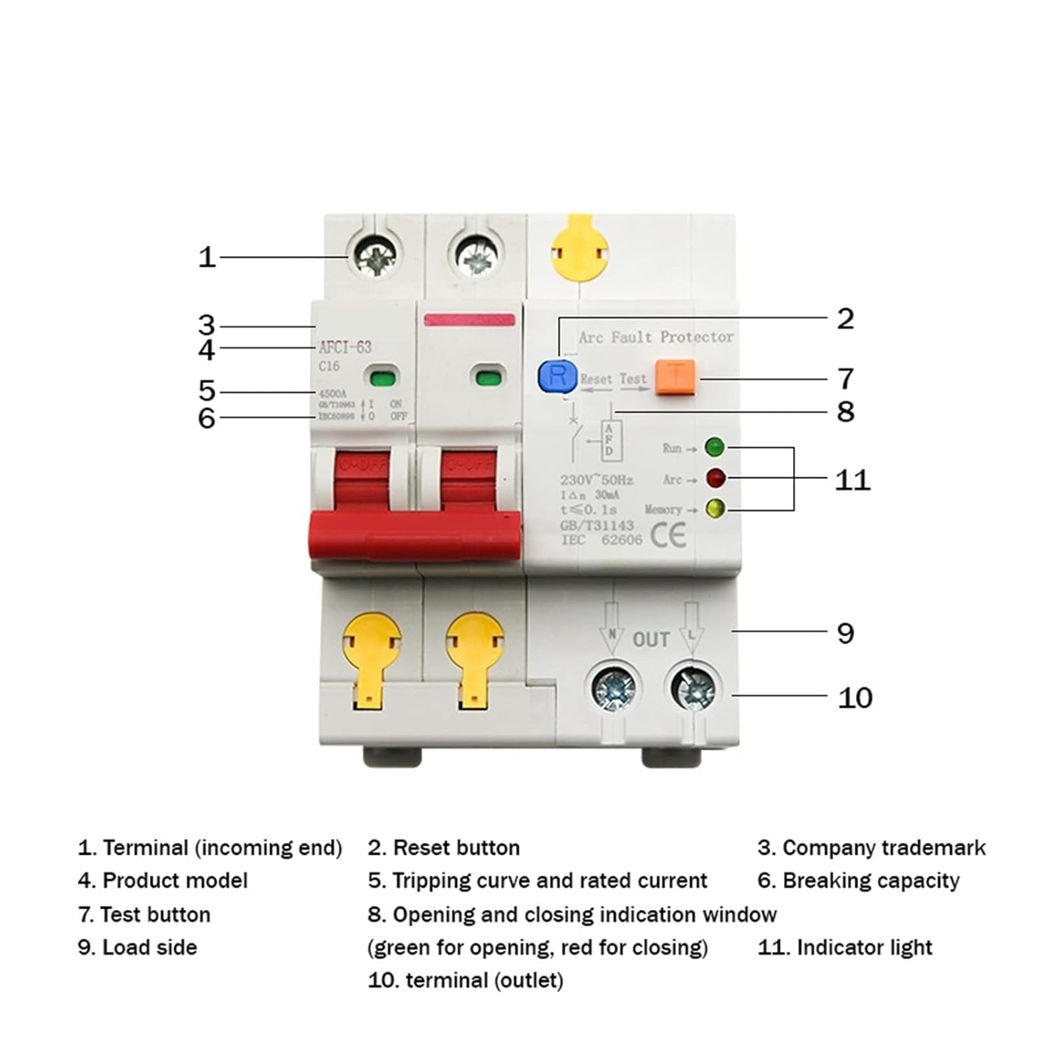 10A 2P Arc Fault Protector Circuit Breaker Interrupte Overload Earth Leakage Short Circuit Voltage Protection 1Pcs