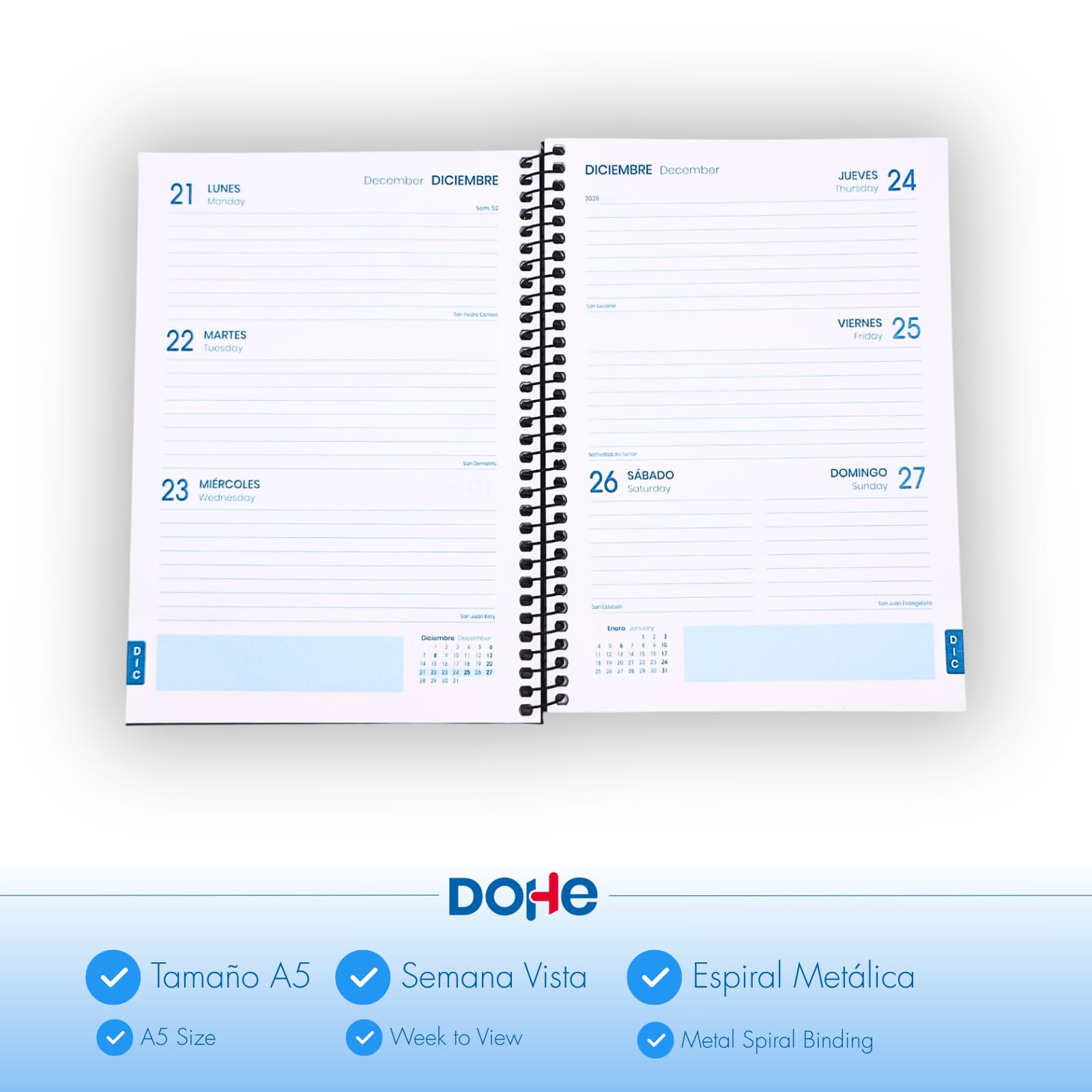 Dohe - Agenda Escolar 2026 2027 - Septiembre a Junio, Semana Vista, A5 (15x21 cm), Tapa Dura, Cierre de Espiral, Español e Inglés - Colour Vibes Negro