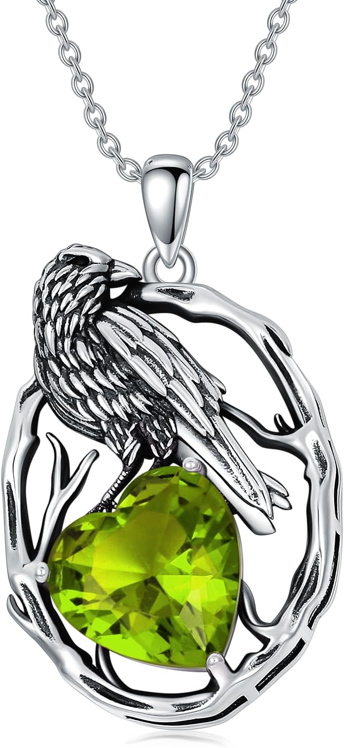 LONAGO Raven Necklace 925 Sterling Silver Crow Raven with Birthstone Pendant Necklace for Women